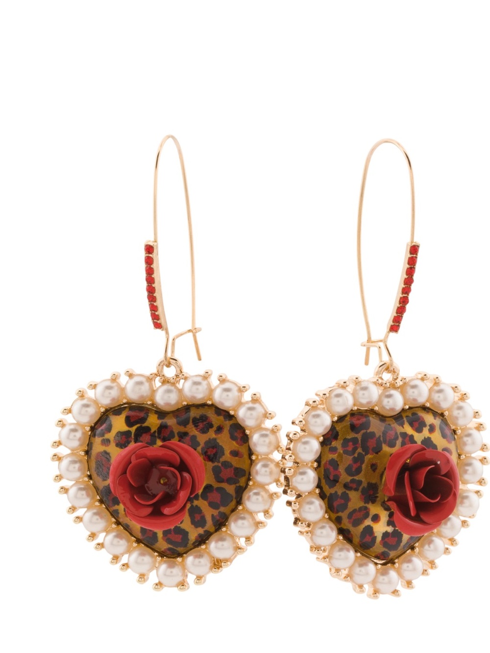 Betsey Johnson Gold-Tone Heart Earrings with Red Rose & Leopard Print